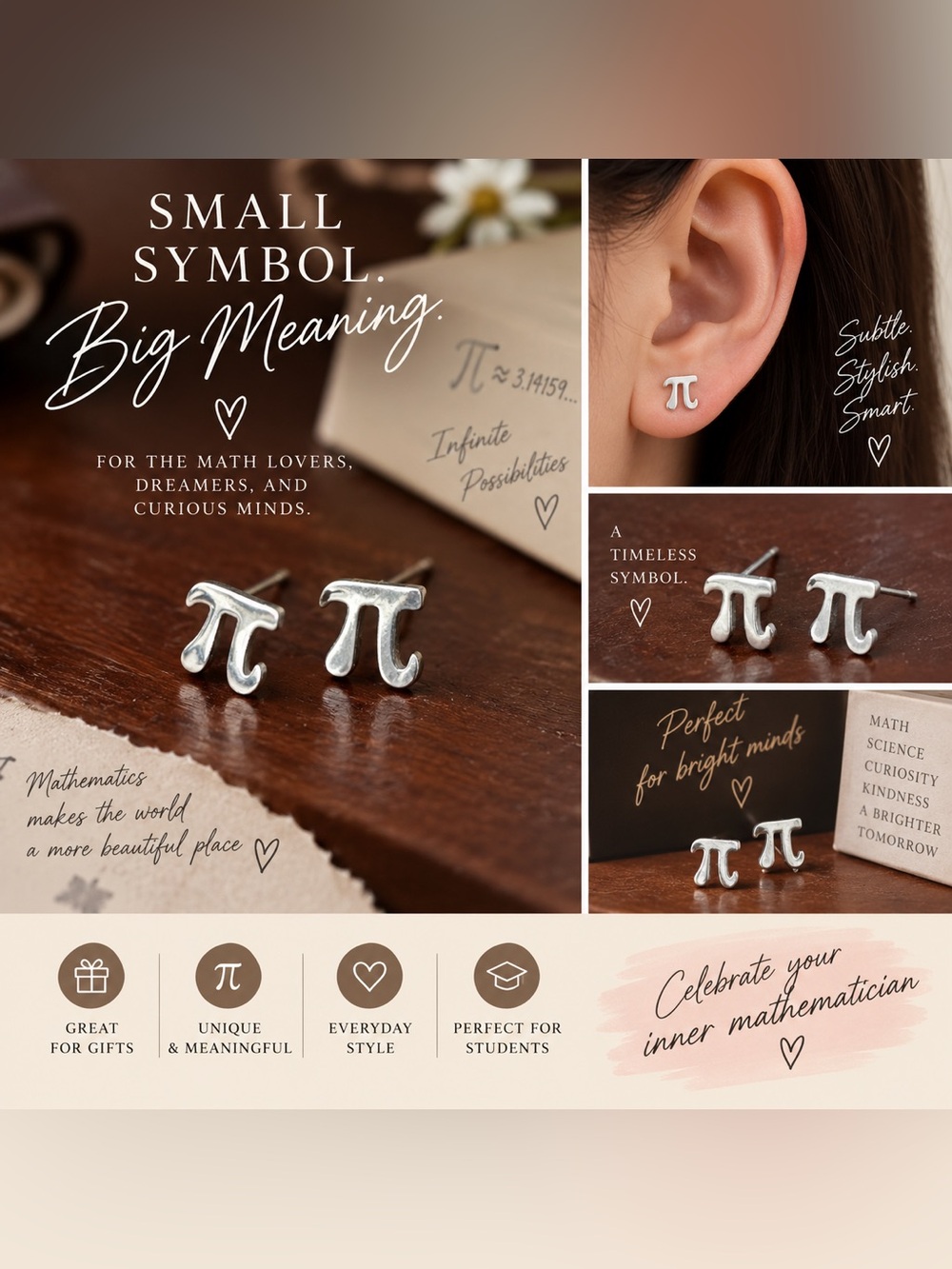Silver Pi Symbol Stud Earrings - Math Lover Gift